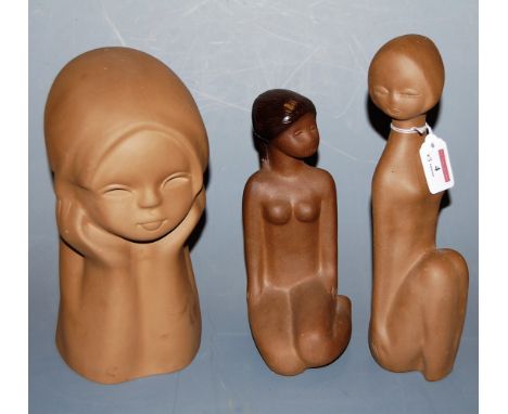 A Tallin Estonian earthenware bust of a girl having an orange sticker, height 27cm, together with two other Tallin earthenwar