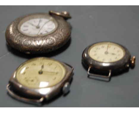 A continental silver cased half hunter ladies pocket watch having enamel dial with Roman numerals together with a gents nicke