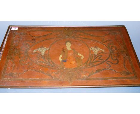 A continental Art Nouveau **brass** and copper wall plaque of rectangular form, the centre incised with a portrait of a lady 
