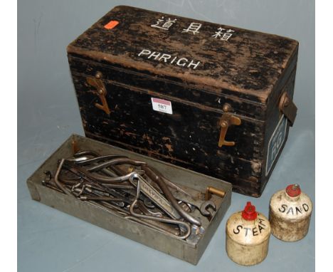 A small wooden tool box and assorted tools to include pliers, allen keys etc