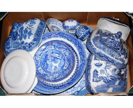 Three boxes of miscellaneous Victorian and later transfer decorated blue and white china, to include; Copeland Spode Italian 