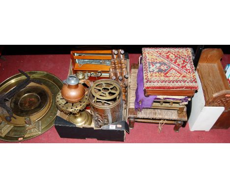 A large collection of miscellaneous items, to include; brass trays, brass candlesticks, brass trivet, wooden folding shelf, V