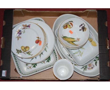 A box of assorted table wares, to include; Royal Worcester Evesham pattern plates, Portmeirion dish etc 