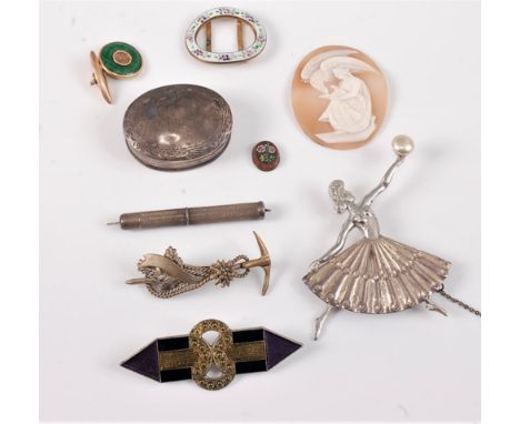 A small quantity of mixed jewellery to include a 'Sterling Silver' dancers brooch, 6cm long, silver toothpick, silver pill bo