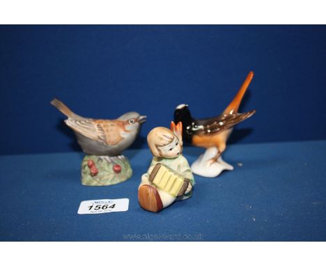 A Royal Worcester figure of a sparrow, a Goebel figure of a wagtail bird plus a Goebel figure of a seated girl playing a sque