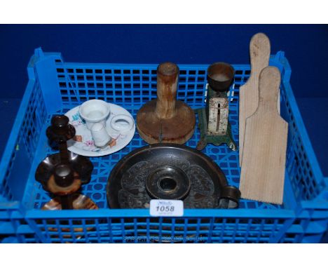 Two Chambersticks, two Bakelite Candlesticks, an egg weighing Scales, pair of butter pats and mould