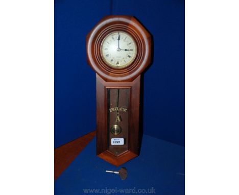 A small Mahogany cased modern regulator Wall Clock having stylized octagonal hood with circular single pane, enamel look Roma