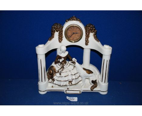 A late 19th c. Staffordshire style ornamental ceramic Mantle Clock in the form of a folly of Pergola, four columns supporting