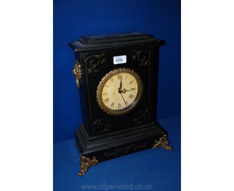 A reproduction ebonised 19th c. style Bracket Clock, the moulded top over plain front with thin painted gold coloured naive f