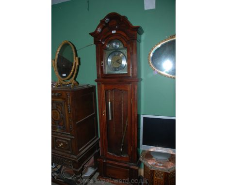 A contemporary Mahogany finished Longcase Clock, 'Tempus Fugit, Lincoln', having shaped arch top, upper single pane door with