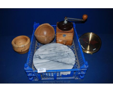 A quantity of miscellanea including Kienzle quartz world Clock, Peugeot Freres coffee grinder, lazy Susan, Treen bowls, etc.