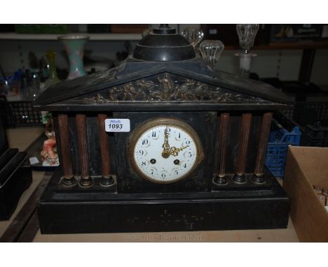 A 19th c. Slate architectural Mantle Clock, stylized finial on dome over Corinthian style base with triple reeded columns fla