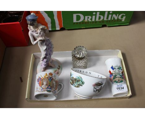 A quantity of china including a Leonardo figure, Royal Worcester cup with fishing design, 1910-1935 George V Silver Jubilee C