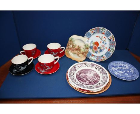 Four Crown Devon 'Pegasus' breakfast cups and saucers a/f, a modern oriental plate, Royal Doulton Rustic England plate etc.