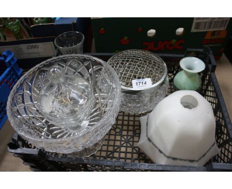 A large cut glass Bowl, white glass light shade with floral edge, cut glass rose bowl, etched sweet jar, etc.