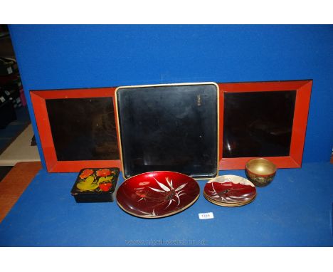 Three papier mache trays, set of six saucers and a sewing dish, etc.