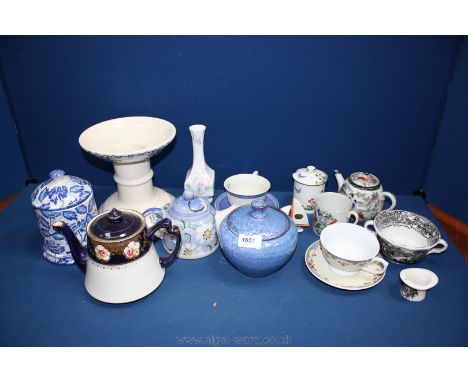 A quantity of china including Masons stand, oriental tea pot, Aynsley 'Sweetheart' vase, tea cups and saucers, etc.