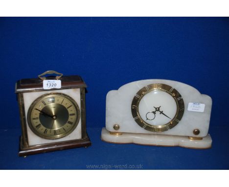 A deco white Marble and brass Mantle Clock, having shaped upstand with brass Arabic numeral ring with central convex, delicat
