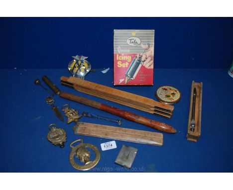 Two wooden Rulers, an AA Badge, a Tala Queen Icing Set, a Compact, etc.