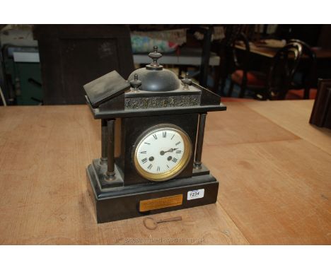 A good French circa 1900 black slate architectural Mantle Clock, having domed top with central brass finial on flat section w