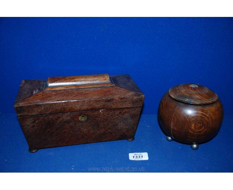 A wooden circular Tea Caddy with hinged lid and a bowl shaped wooden Caddy with metal liner