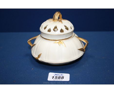 A Royal Worcester lidded Pot Pourri Pot dated 1888, ivory ground with gold decoration, internal lid present