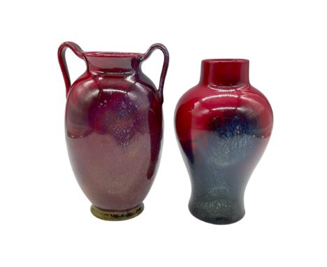 Stunning duo of two small rich red flambe vases, includes: Two handled amphora with olive-like hue towards the base, with hin