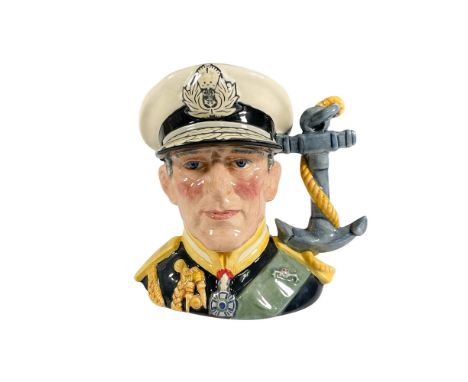 Earl Mountbatten of Burma. Hand painted figural jug of the 20th century British naval officer and statesman. Black and white 