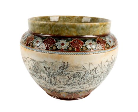 Stoneware with continual safari scene. Incised on the bottom with artist signatures. Stately planter by Hannah and Florence B