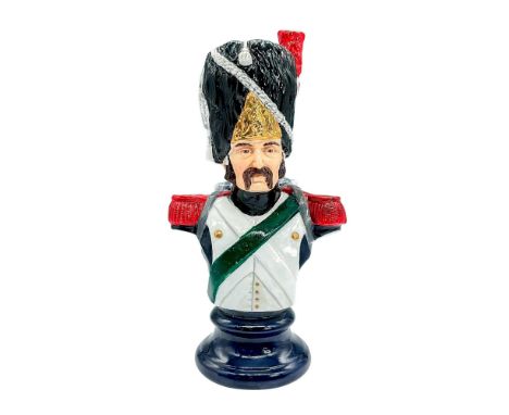 Limited edition bust of a mustachioed gentleman in military regalia. Gold accent on hat and buttons. Model No. 30. Michael Su