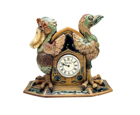 Mantel clock with grotesque birds. Green, blue, and tan coloration. Cobridge Stoneware impressed stamp on base. Andrew Hull's
