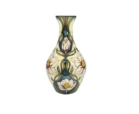 Beautiful limited edition vase decorated with light pink and yellow flowers, tones of sage green and blue. Exhibited at the 2