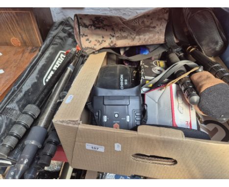 4 camera/theodolite  tripods including K and F Concept and a Draper, together with a box of cameras, Chinon binoculars, Night