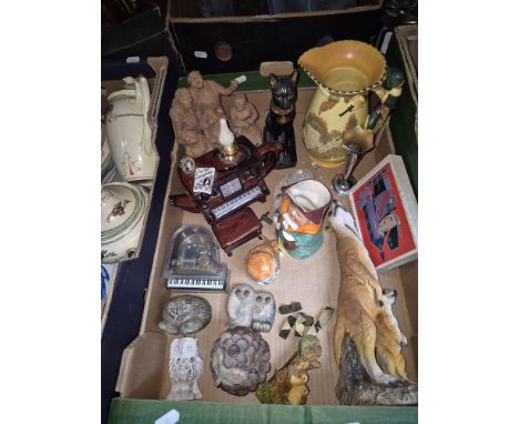 A box of collectables including character jug, animal figures, novelty teapot, Burleigh ware jug etc