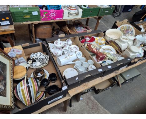 6 boxes of mixed ceramics to include retro Sandland table ware, Royal Albert Lavender Rose, German coffee set, Pendelfin figu