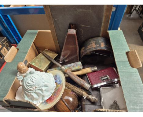 A box of collectables including metronome, ceramics, Worcester figure Nicola, treen, chalk board