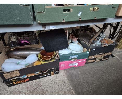 Eight boxes containing mid 20th century ceramics and glass, Natwest pigs, Poole Pottery, Art Deco style chrome light fitting,