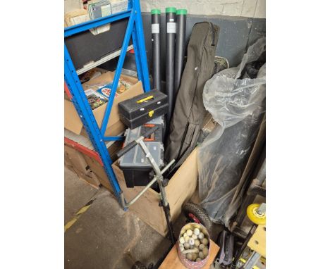 A collection of coarse fishing tackle including six rods (Shakespeare &amp; D.A.M.), rod bag, two umbrellas, two landing nets