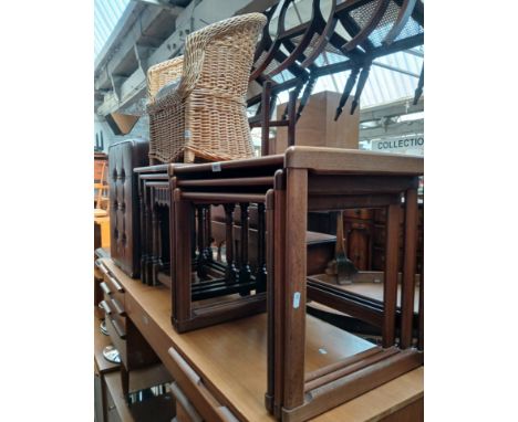 A mixed lot comprising teak nest of tables, oak nest of tables, a wicker child's chair and a faux leather pouffe