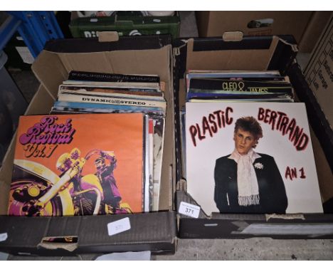 Two boxes of vinyl LP records, rock, pop, jazz, disco, classical, etc including Doctor and the Medics, Darts, Acrer Bilk, Pla
