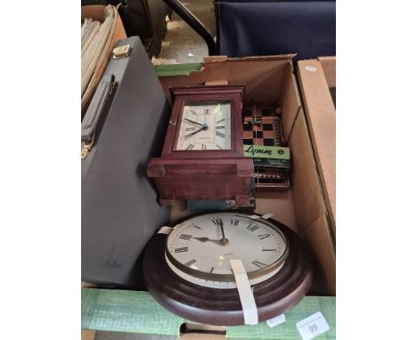 A mixed lot comprising a backgammon set, a chess set, Rowney Pastels and two wall clocks.