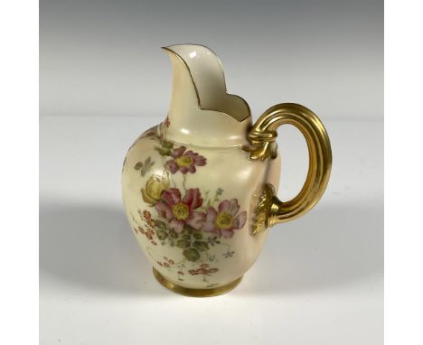 Delicately hand painted medium size pitcher with gilded handle, rim and base. Backstamp Royal Worcester England 1094 in purpl