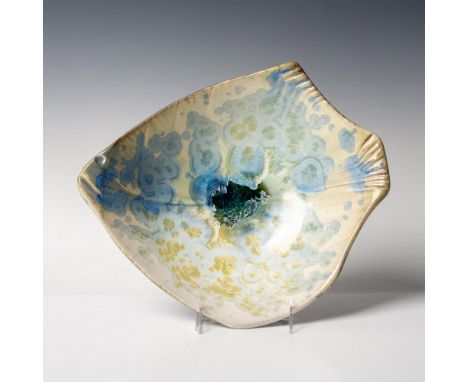 Exquisite handcrafted ceramic bowl shaped like an abstract fish, adorned with a stunning light blue and cream glaze. Signed F
