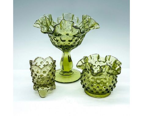 This glass grouping includes a tall compote, small vase, and footed toothpick jar all in beautiful green jade color with bubb