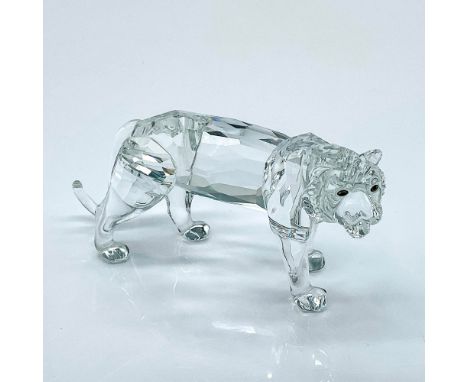 Multifaceted clear crystal tiger with black eyes. Part of the Endangered Species collection. Swarovski etched backstamp. This