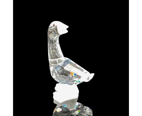 Figural has clear smooth crystal neck with faceted body, black inset eyes, satin crystal beak and feet. Swarovski backstamp. 