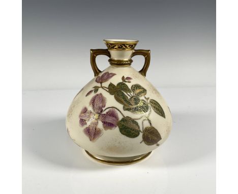 Delicately hand painted tight neck vase of clematis and butterflies with gilded handle, rim and base. Backstamp Royal Worcest