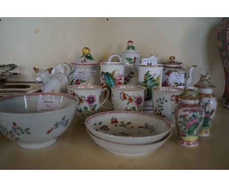 A collection of 18th Century and later porcelain and pottery, to include Chinese famille rose teapot, three hand painted cups