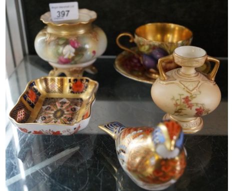 A collection of assorted ceramics to include Royal Worcester vase, a Royal Worcester blush ivory vase, Royal Crown Derby pin 