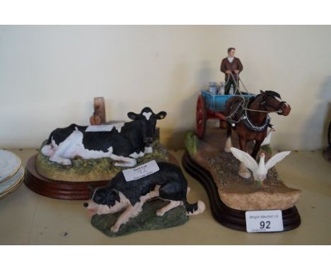 Two Border of Fine Art figures to include Steady Steady, Holstein Freesian, Aynsley model of a hunting dog. and three Coalpor